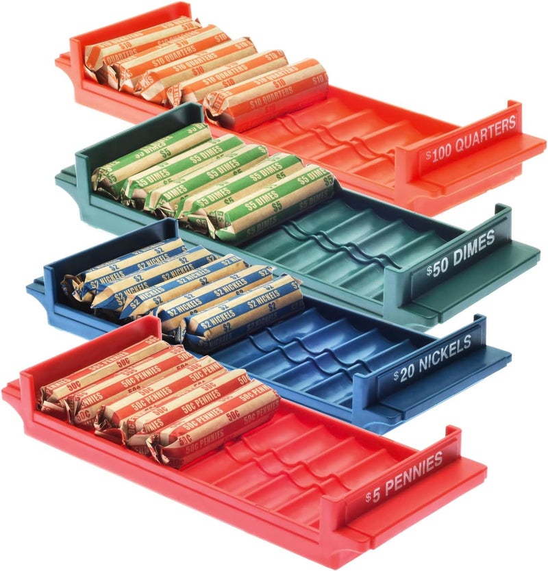 Nadex Rolled Coin Storage Organizer Tray Set with Ridges for Loose Coins | Quarters, Dimes, Nickles, and Penny Color Coded Trays - Image 1